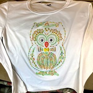 Vintage womens long sleeve beaded light blue stretchy top with owl print.